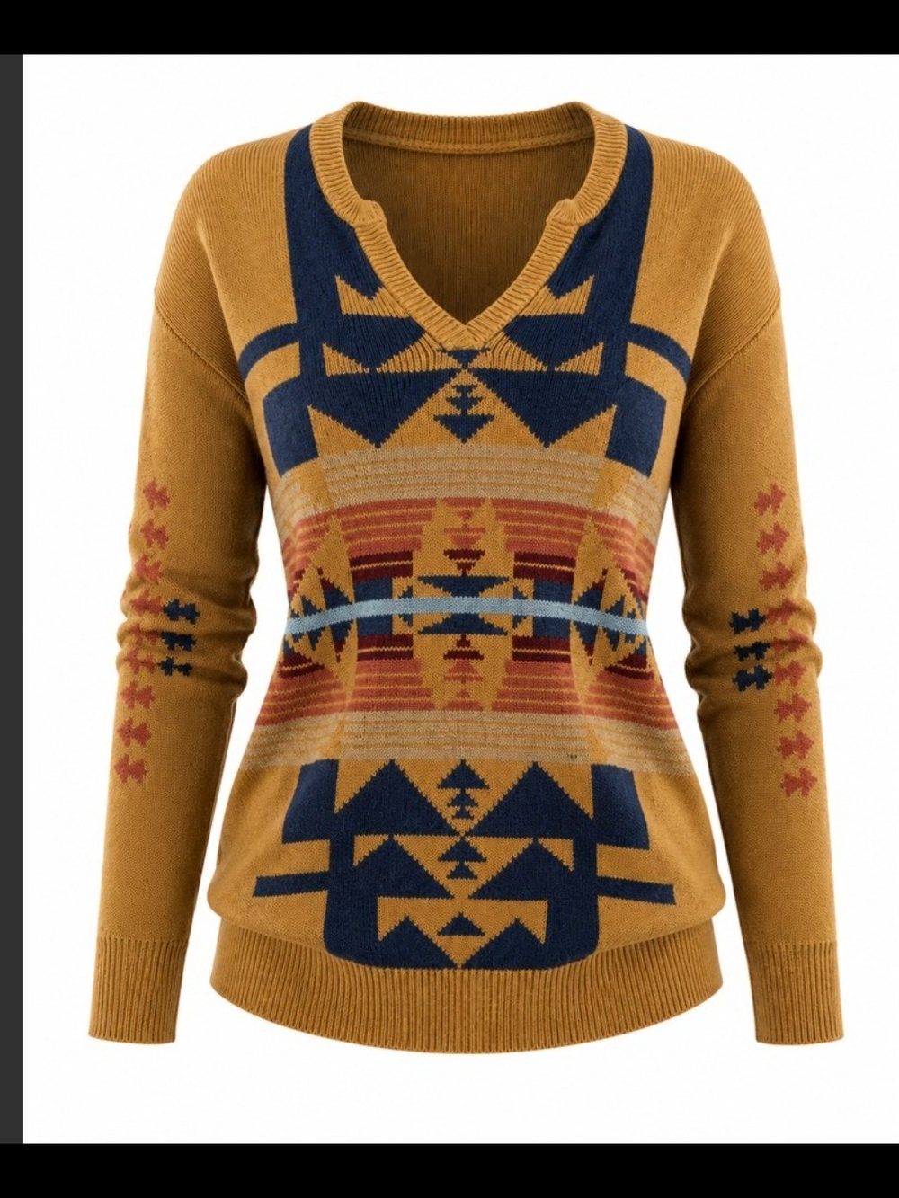 Pendleton Mustard V-Neck Aztec Knit Sweater with Navy and Rust Accents - Picture 1 of 4